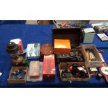 Vintage brown leather suitcase, binoculars, Sharp tape recorders, wooden dish, brass mantel clock,