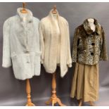 Grey faux fur jacket, a cream mohair jacket by Paula, faux leopard print jacket,