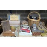 Brass jam pan, wicker basket, Art Deco style clock, wooden boxes, pewter ware, maps,