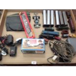 Contents to tray - two controllers by H & M and Tri-ang, Tri-ang and other model trains and coaches,