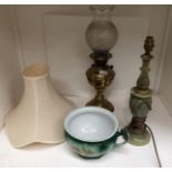 Three items - brass oil lamp with glass shade,