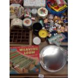 Contents to tray - a Merit weaving loom game, thimble display stands, tin bears,
