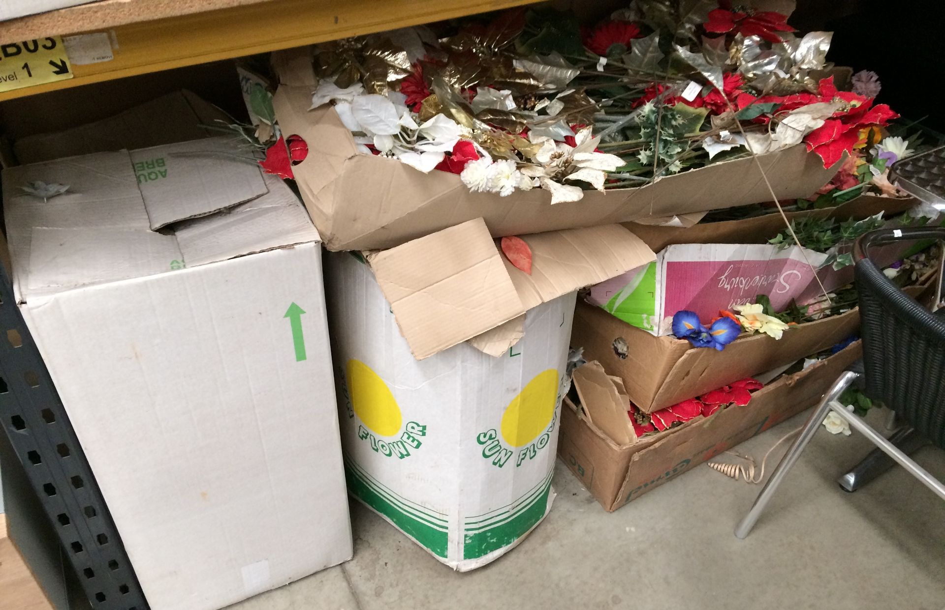Contents to bay - 10 x large boxes containing mainly artificial flowers but includes 1 box of