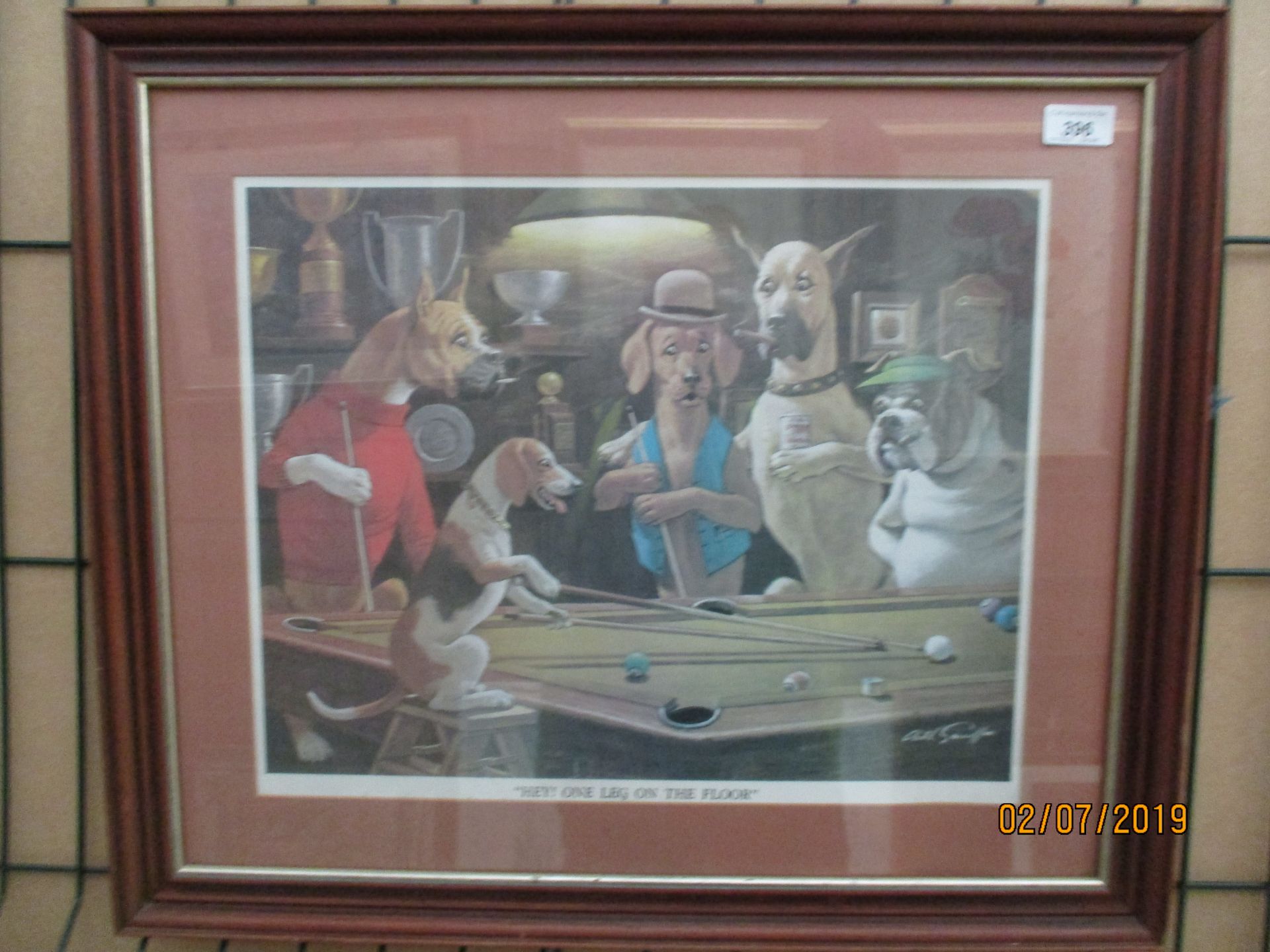 Framed humorous print 'dogs playing in pool'