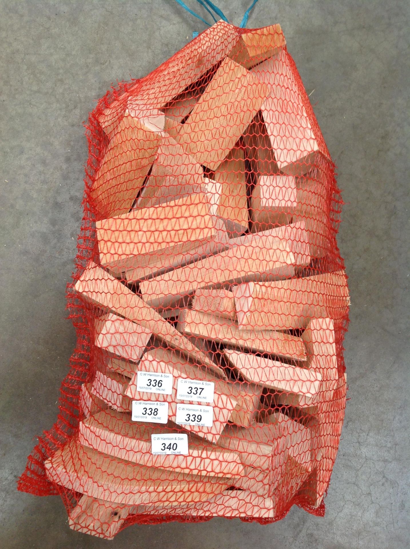Ten carrot sacks containing hardwood off cuts - teak, birch, beech,