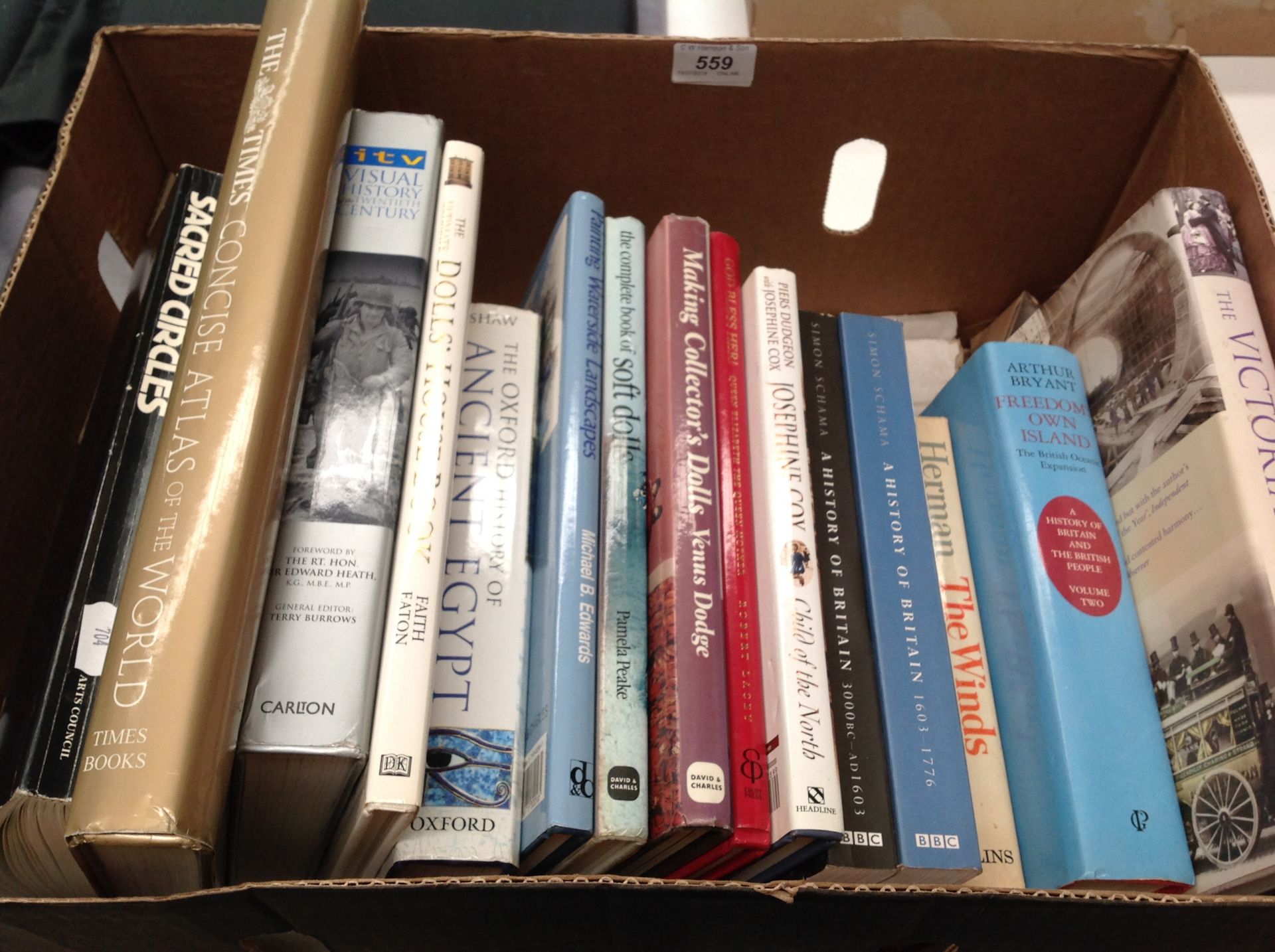 Contents to box - books relating to history, doll collecting,