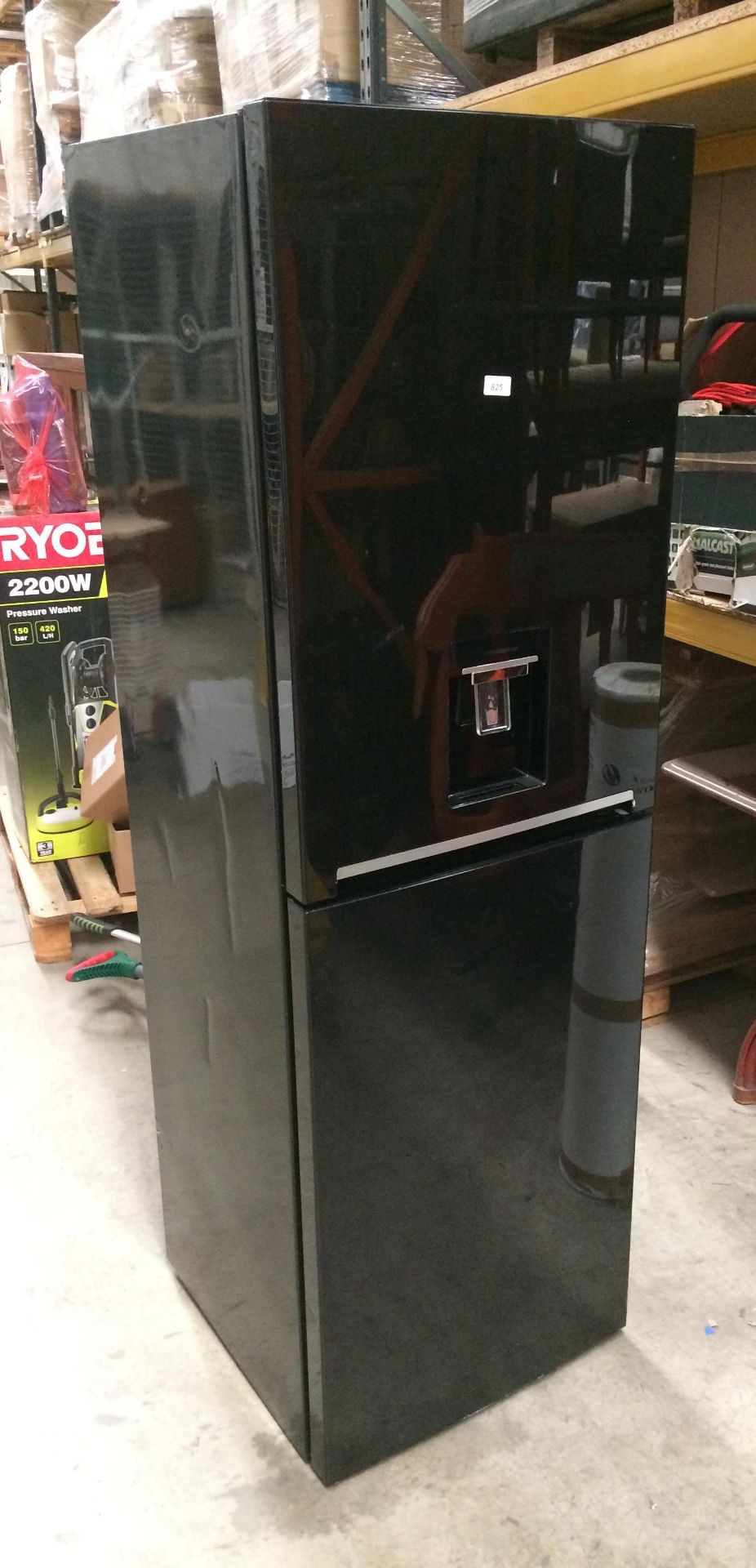 A GFG1691DB black upright fridge/freezer with a built in water dispenser (seconds/returns)