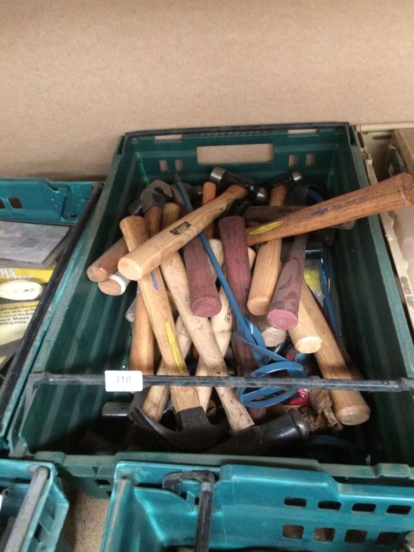 Contents to crate - hammers by Stanley, paint mixers etc.
