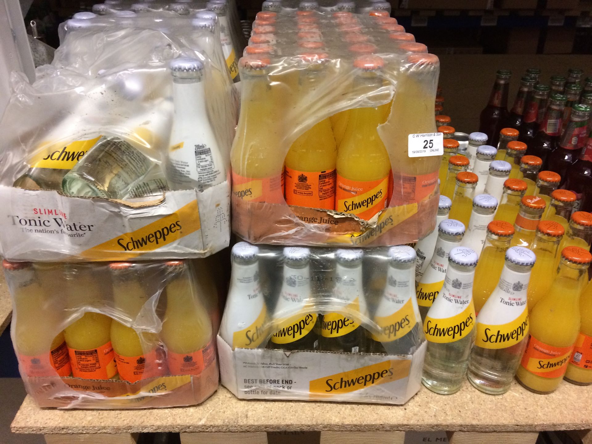 206 x 200ml bottles of Schweppes tonic water, Schweppes orange juice etc.