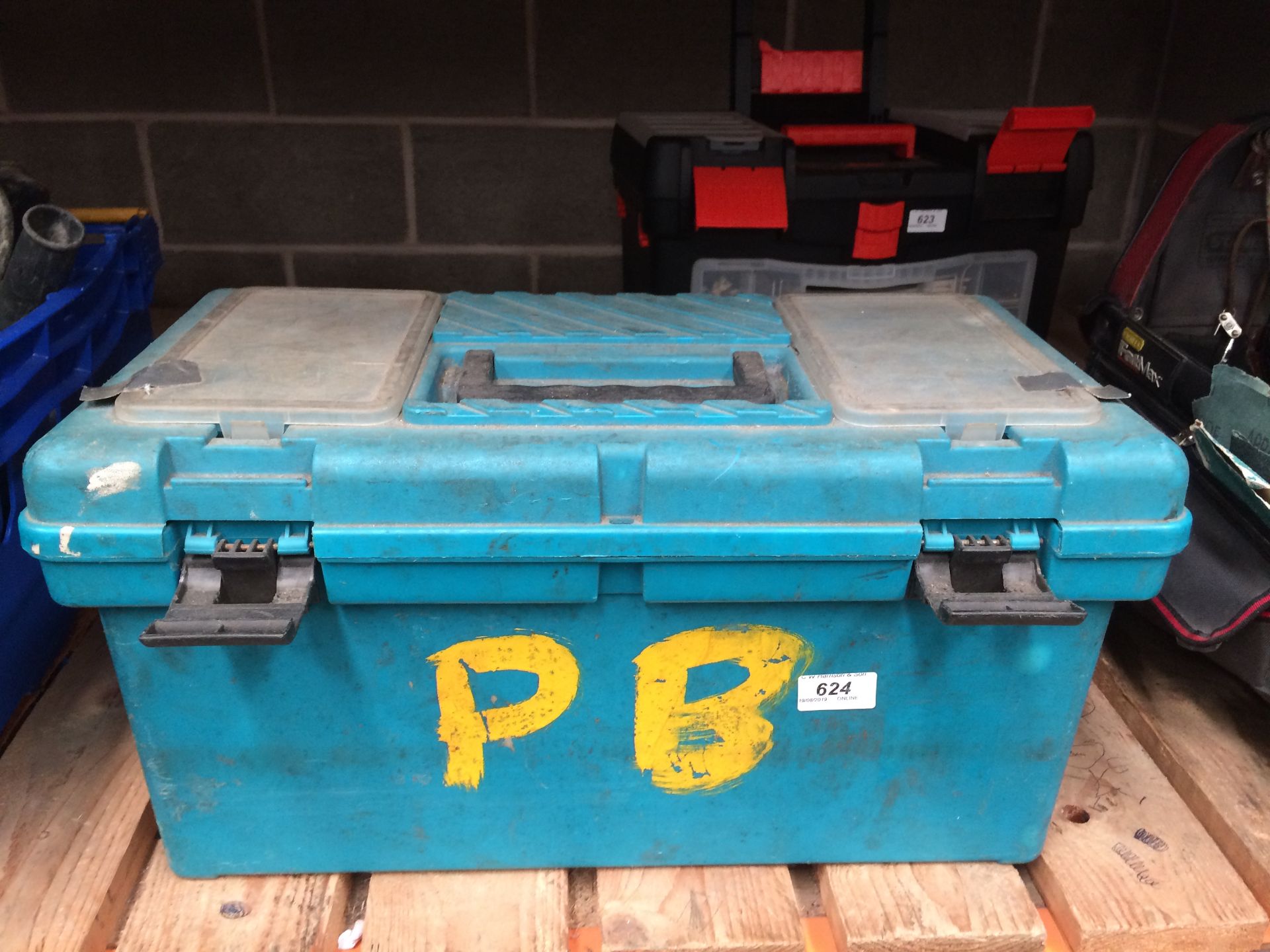 Green plastic toolbox and contents - hammers, screwdrivers etc.