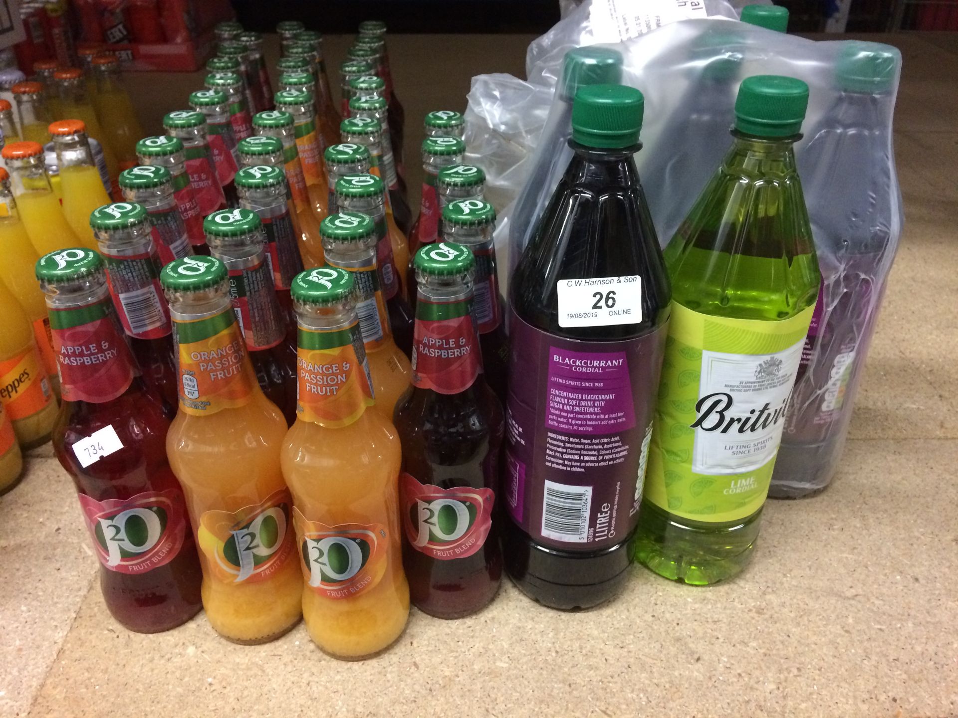 45 items - 275ml bottles J20, 1 litre bottles blackcurrant cordial,