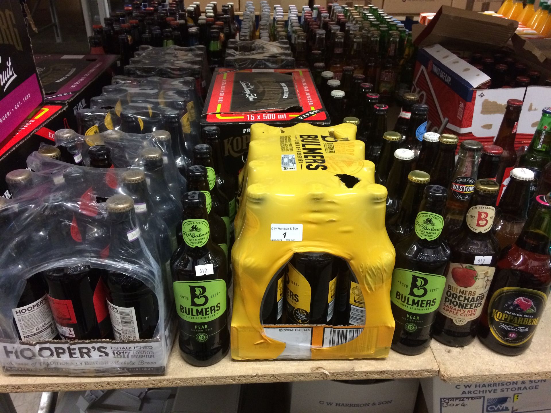 148 x items - 500ml bottles of Bulmers pear cider, 500ml bottles of Kopparberg mixed fruit cider,