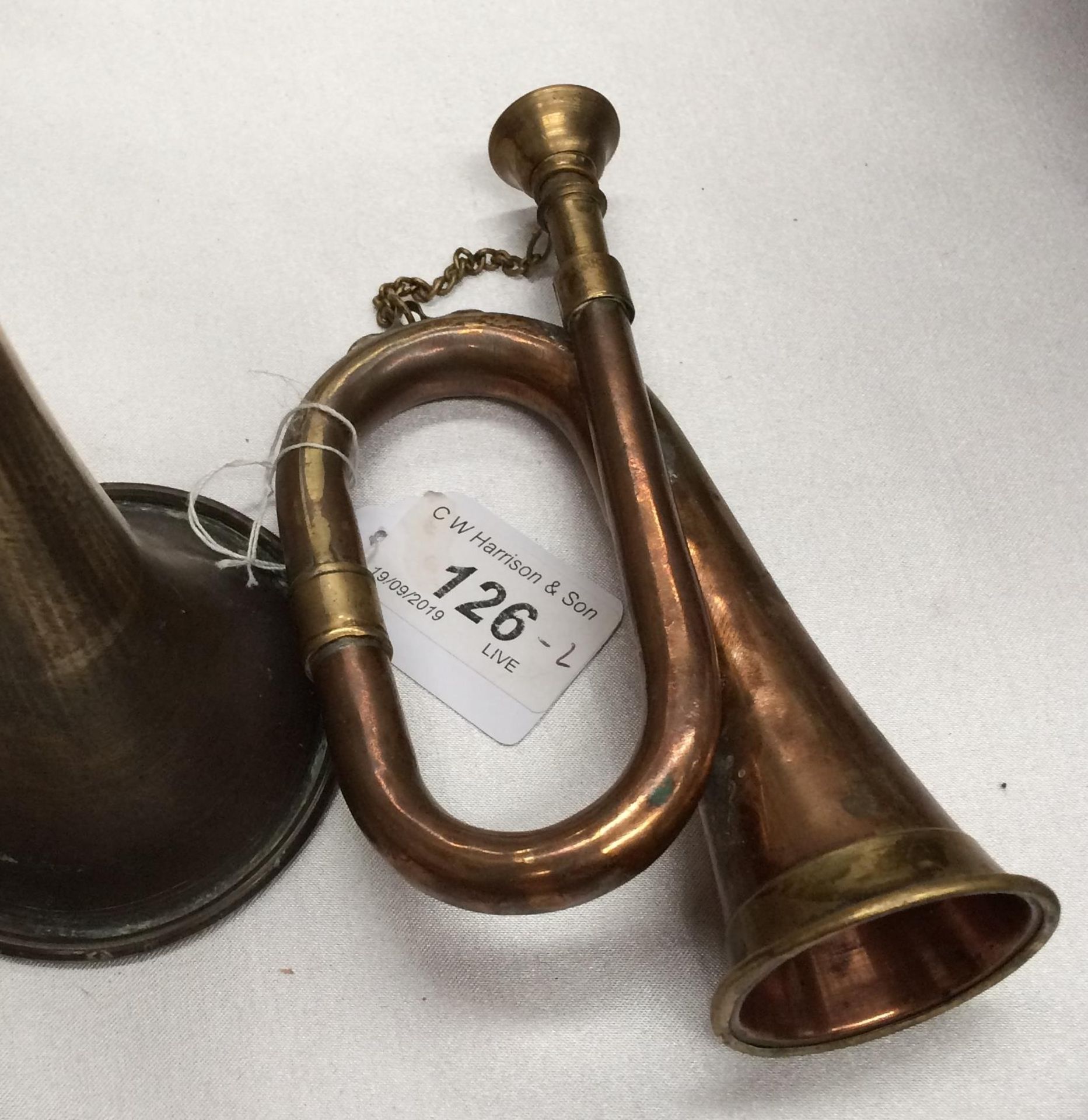 2 x items - small brass post horn and miniature copper and brass bugle