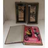 3 x items - Album of "Motorcycle Mechanics" magazines and 2 framed advertisements - BSA Bantam and