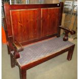 Pine settee with high back and grey/red patterned upholstery 137cm long