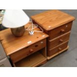 Three items - pine three drawer bedside chest of drawers,