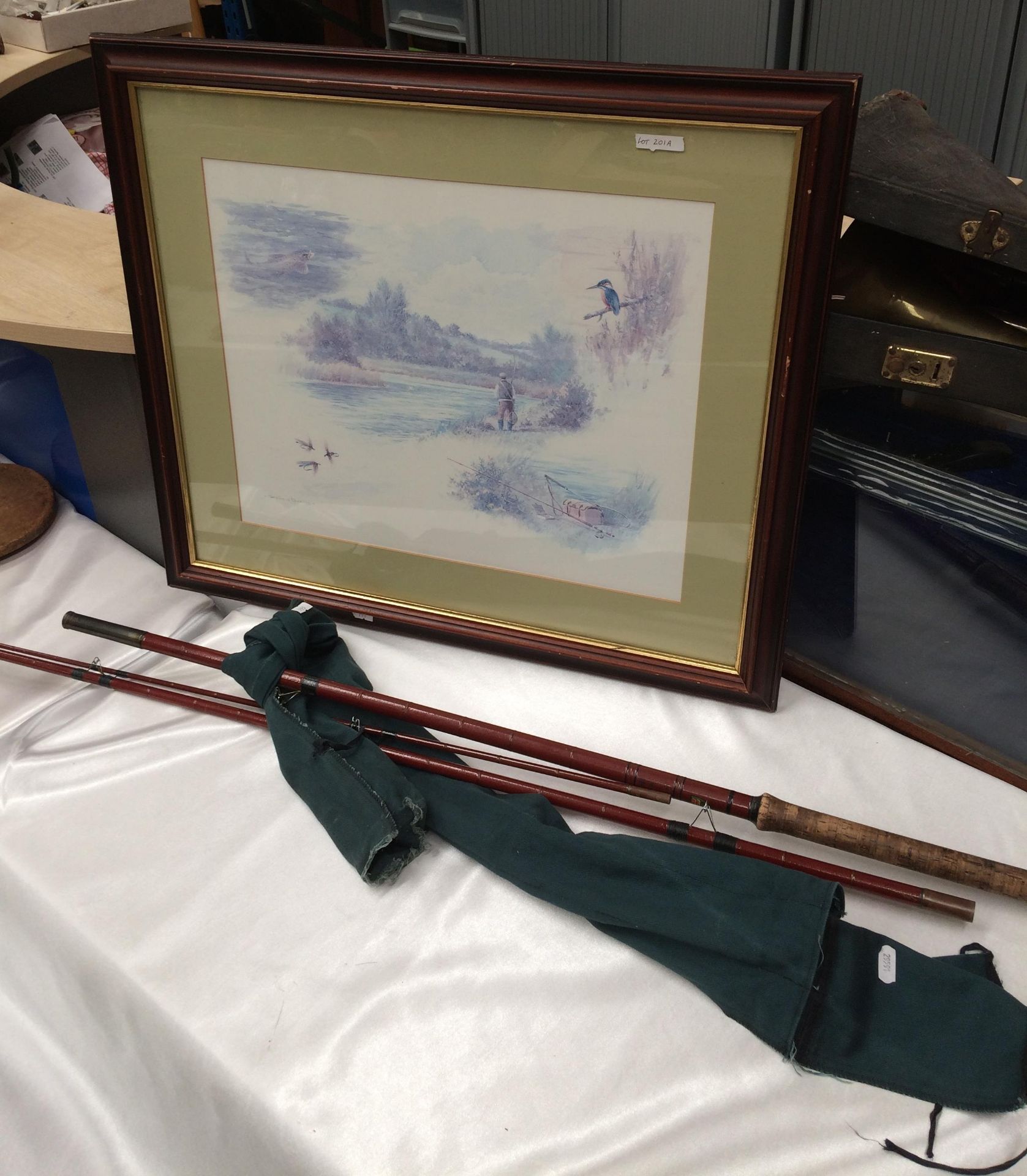 Two items - Mitre Hardy three piece fishing rod with cover and a framed print of fly fisherman by