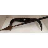 Two items - buffalo horns and a brass tipped spear with dark oak handle