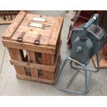 A Secomak 447 hand operated air raid siren together with a wooden travel crate (please note - no