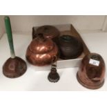 Contents to tray - copper hot water bottles, copper bed pan,