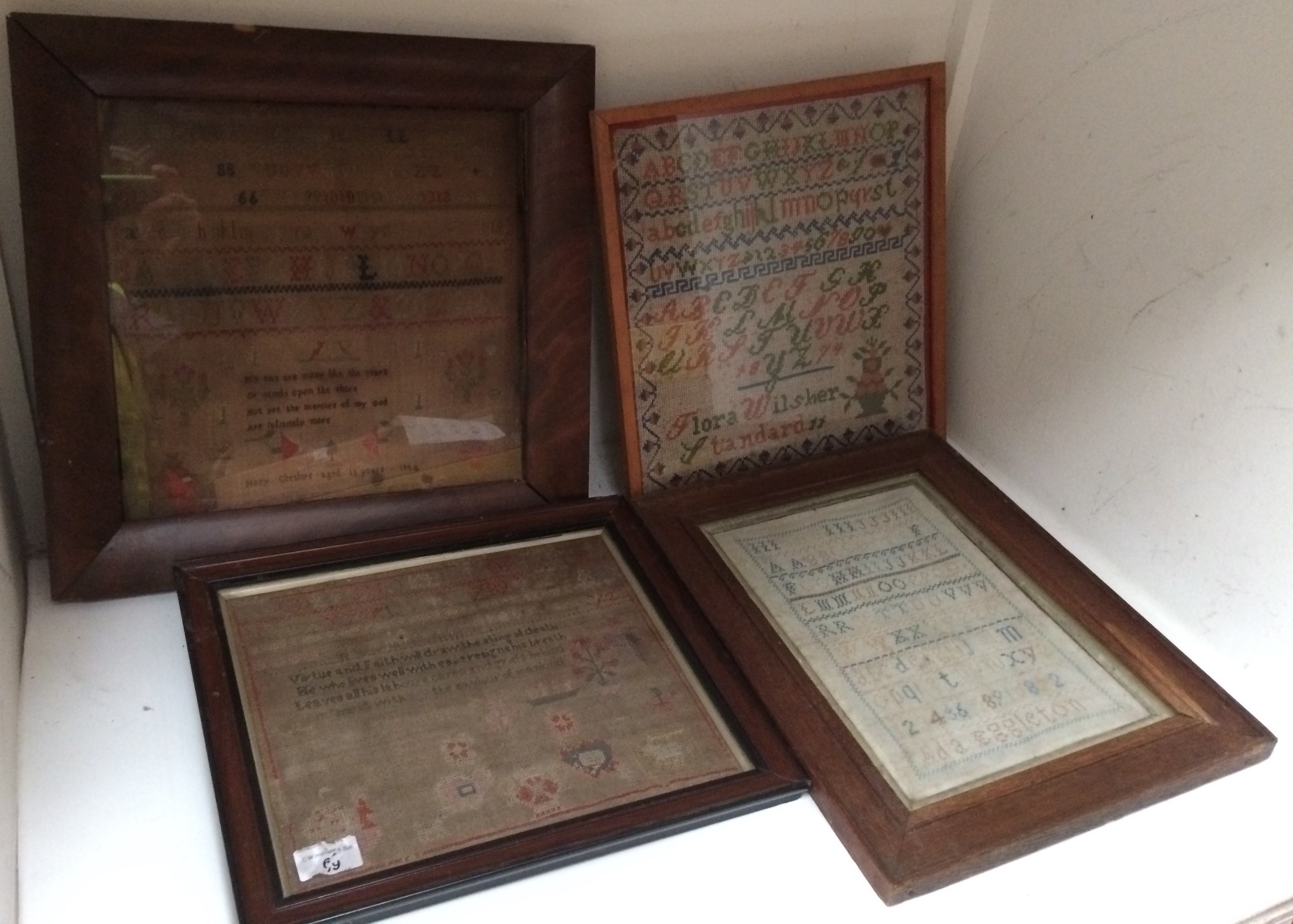 4 x framed embroidery samplers dated 1874, 1854,