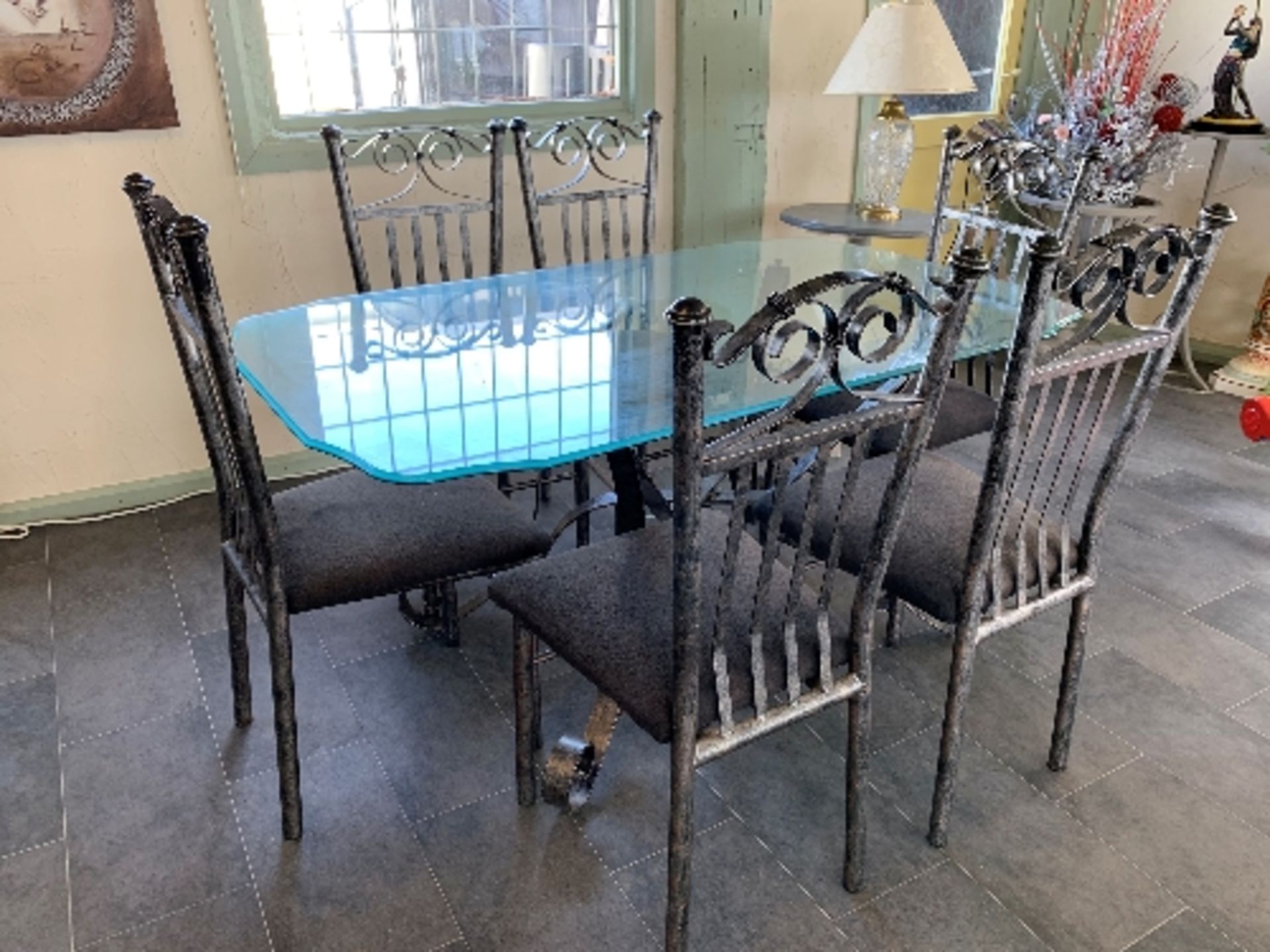 A gun metal grey metal framed rectangular dining table with shaped glass top 150 x 90cm complete - Image 2 of 4