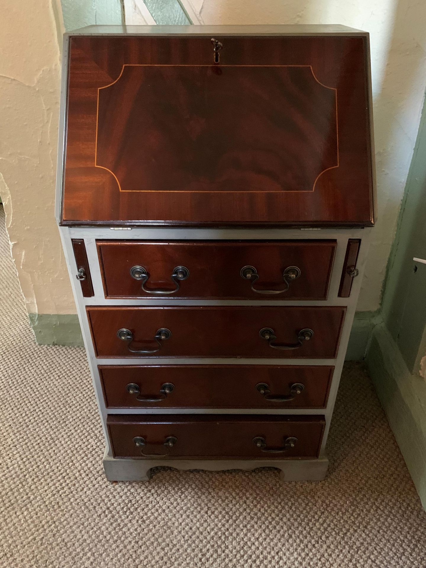 A mahogany finish grey painted narrow bureau with fall flap over four drawer 50cm and a pair of red - Image 6 of 6