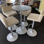 A grey sprayed chrome framed high bar table with grey painted top 60cm diameter and four sprayed