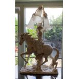 Deco style pottery table lamp in the form of a lady side saddle on a horse - three glass shades