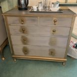 A grey and gilt painted five drawer (two short,