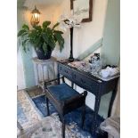 Contents to corner small blue painted two drawer side table, piano stool flower vase,