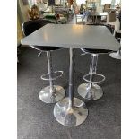 A square grey painted top bar table 60 x 60cm on chrome bases and two chrome framed adjustable and