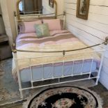 White metal and brass finish 5' Kingsize bed complete with mattress, bedding,