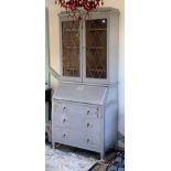 Grey painted bureau bookcase with leaded glazed doors over fall flap 3 drawer base 85 x 195cm high