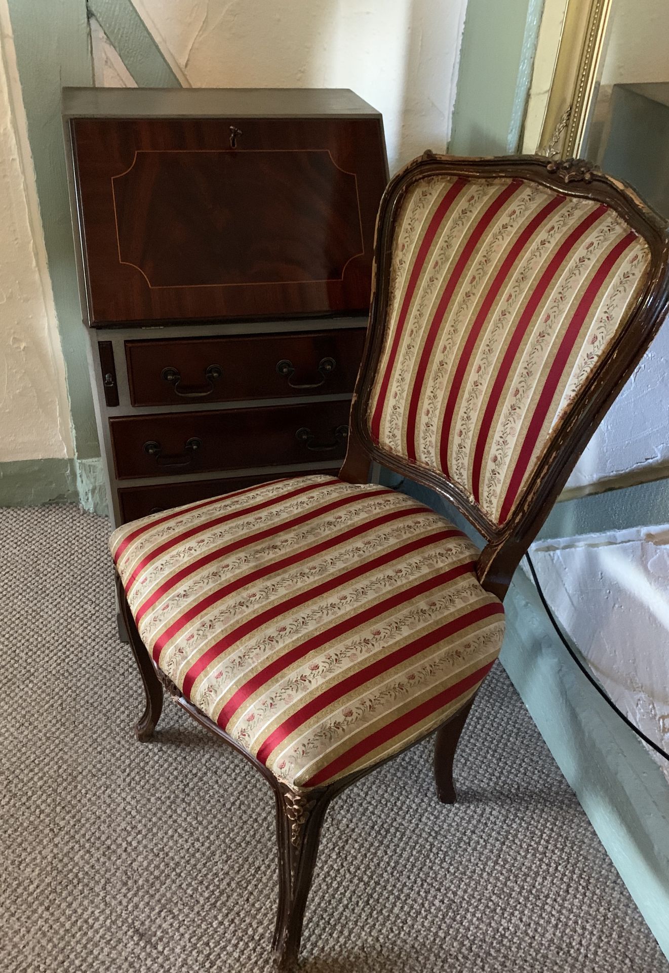 A mahogany finish grey painted narrow bureau with fall flap over four drawer 50cm and a pair of red