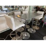 Two square grey painted top bar tables each 60 x 60cm on chrome bases and four chrome swivel high