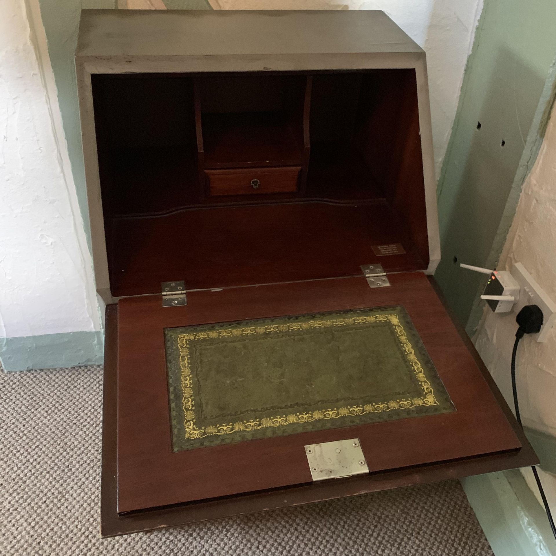 A mahogany finish grey painted narrow bureau with fall flap over four drawer 50cm and a pair of red - Image 2 of 6