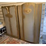 Two grey and gilt painted two door wardrobes and two non matching bedside cabinets (4)