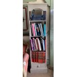 A grey painted narrow open shelf bookcase 182cm high and all books - travel, World War II etc.