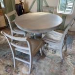 Grey painted circular dining table 107cm diameter and four grey painted dining chairs (5)