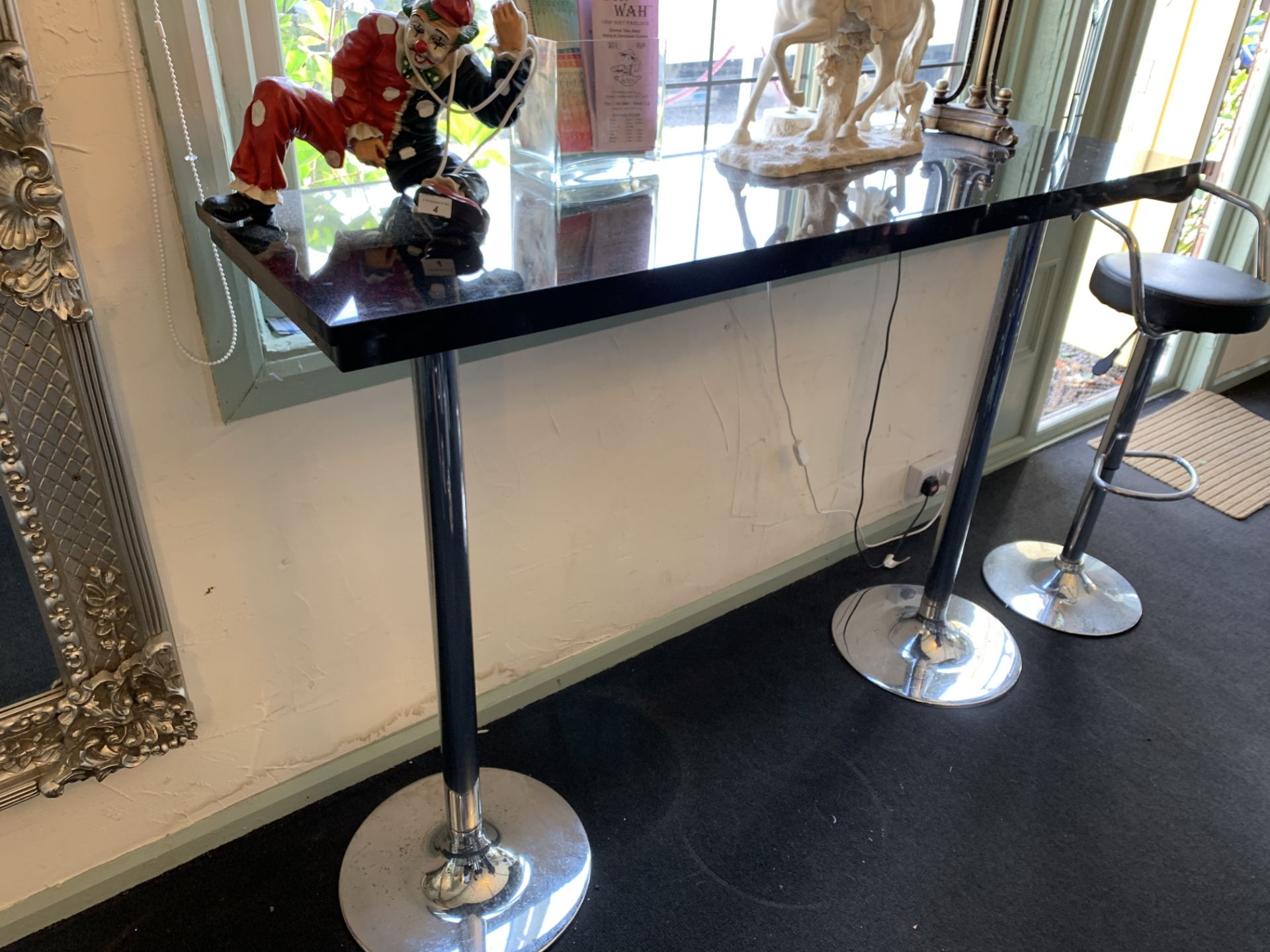 Black granite high bar table on twin chrome supports 152 x 46cm