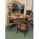 A three tone walnut grey/gilt painted 3 drawer mirror back dressing table 113cm and a continental