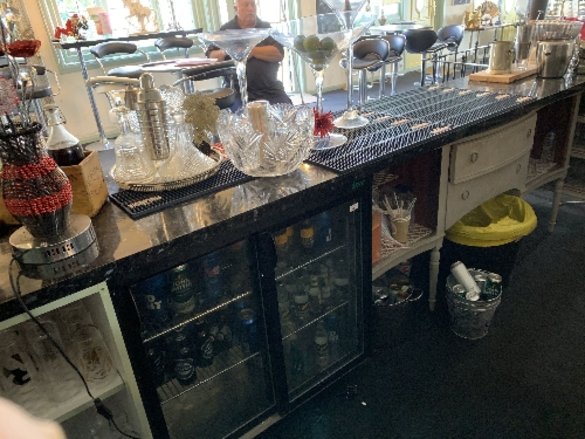 A grey painted long bar with black marble effect work top incorporating a sideboard and storage - Image 2 of 4