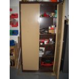 Brown/beige metal two door tool storage cabinet and contents various tooling,