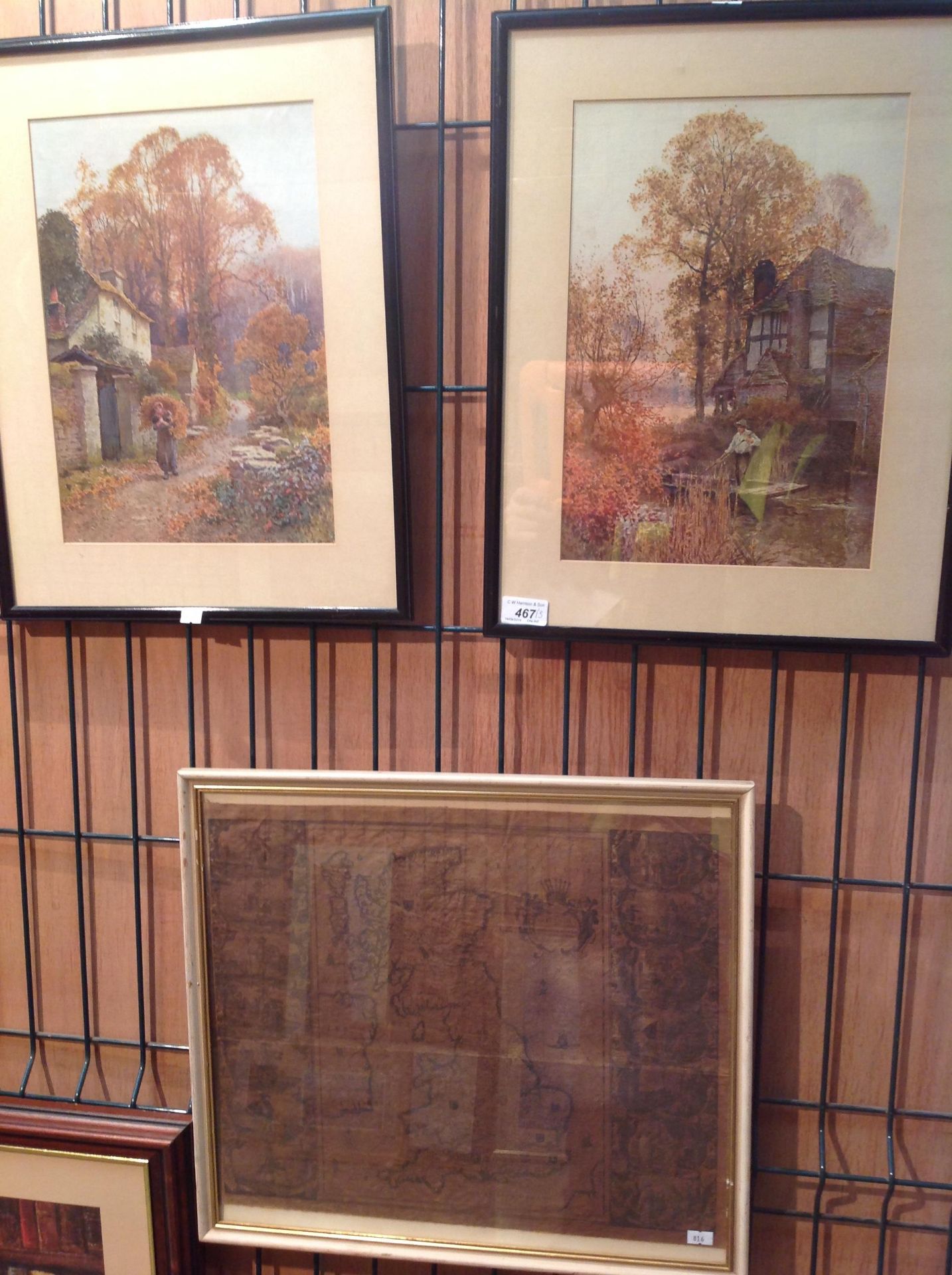 Two small framed prints of Country cottages and a framed reproduction map 'Britannia Anglo-Saxonvm'