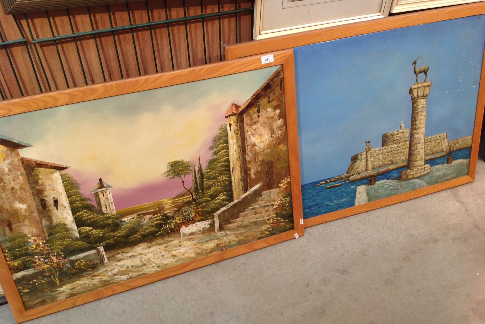 Two large framed oil paintings 'Mediterranean scenes' one signed Laines?