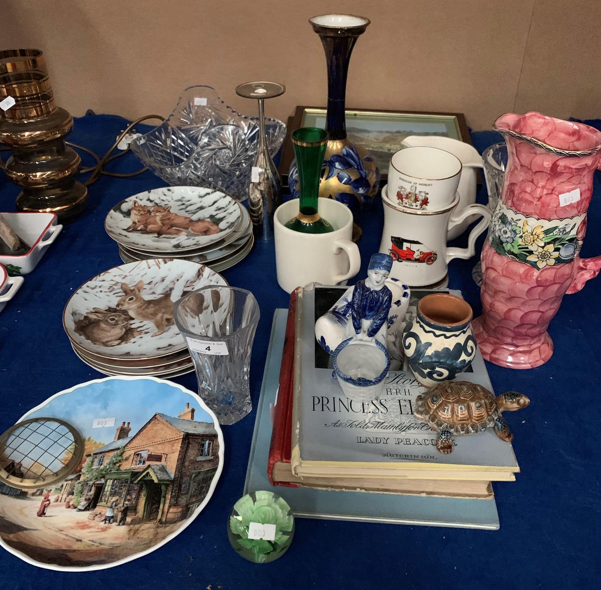 Mixed lot to include - glassware, ten x The Finest Year collectors' plates, Maling jug, books,