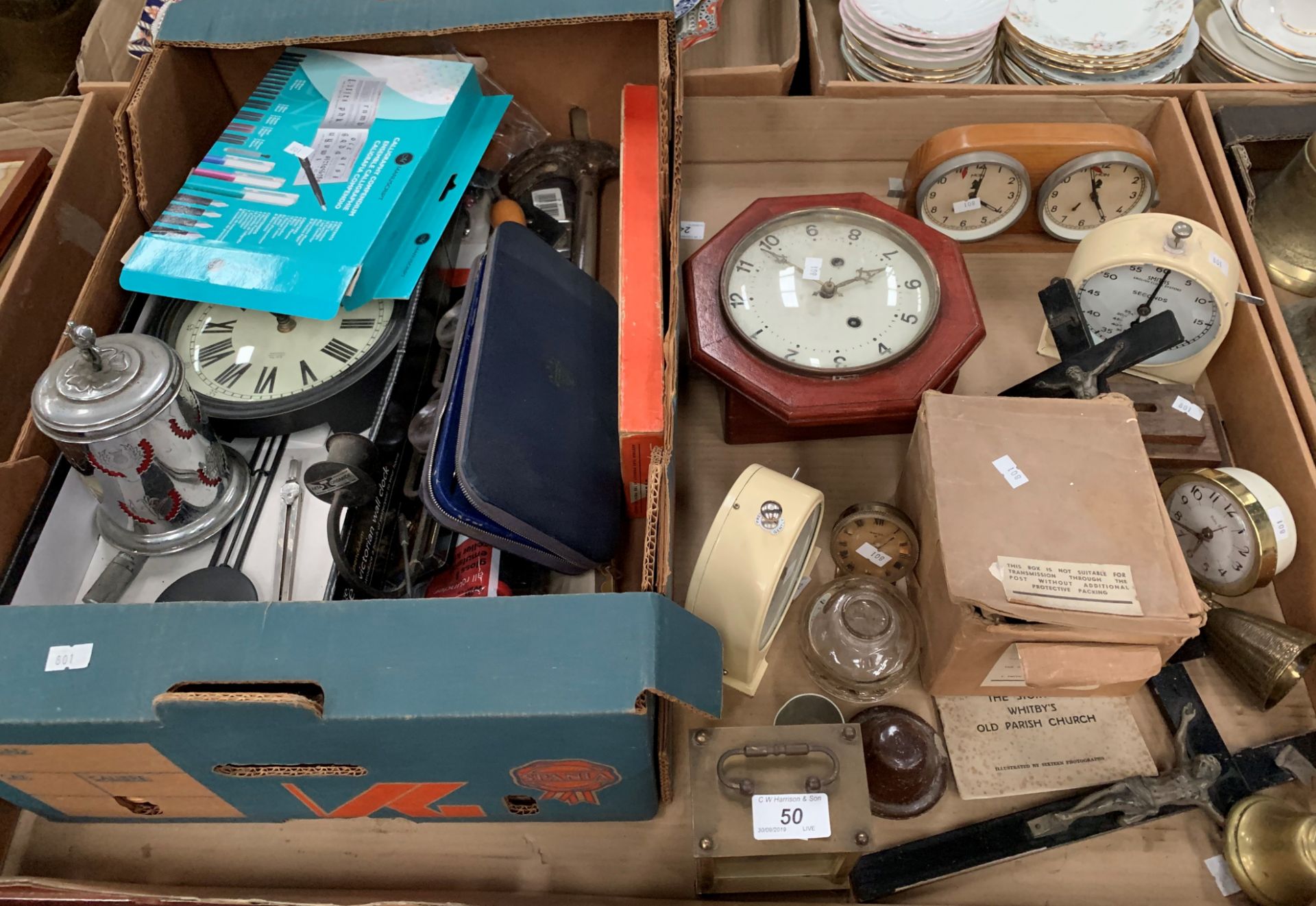 Contents to tray - two Smiths timer clocks, chess time clock, other clocks, tools,