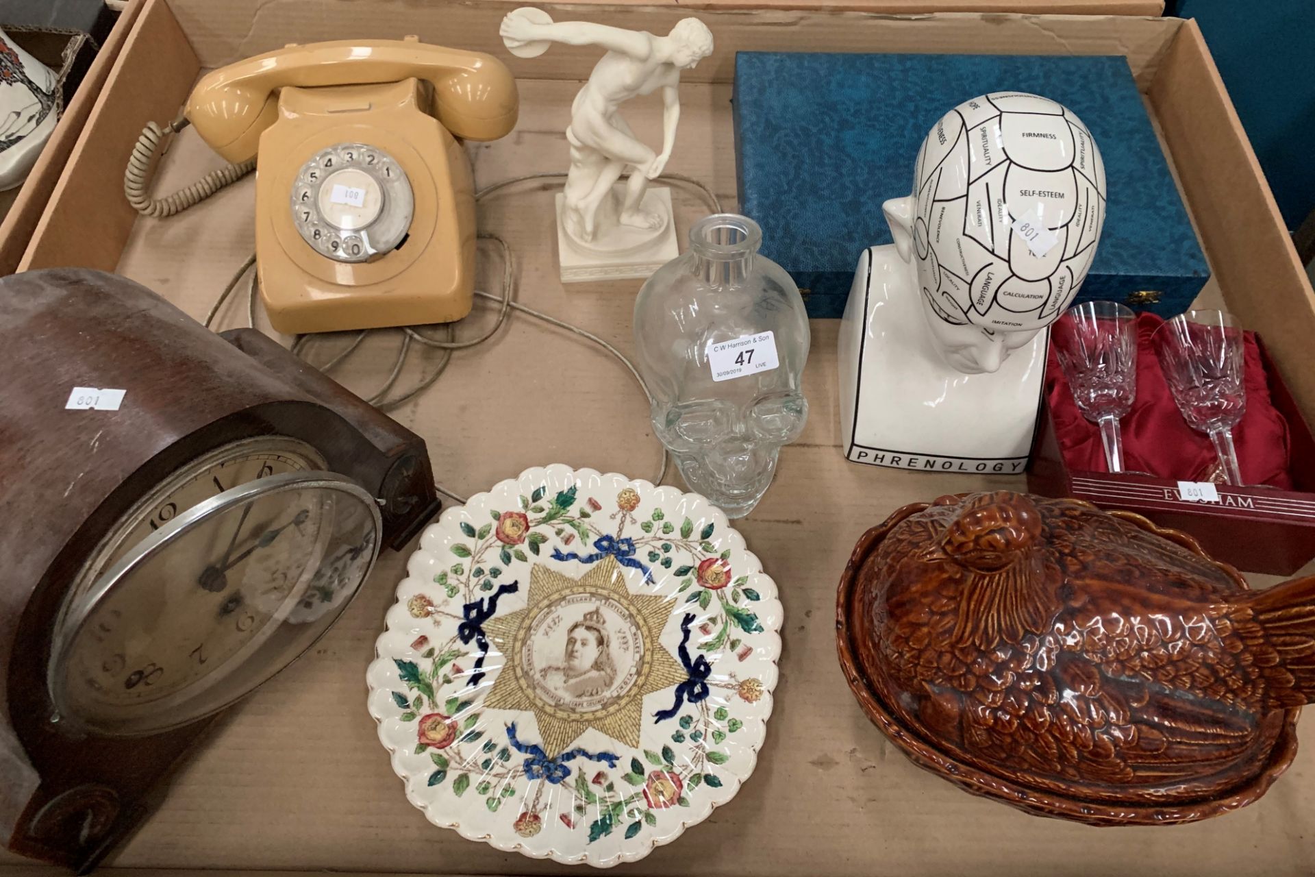 Contents to tray - a reproduction Phrenology head, mantel clocks,