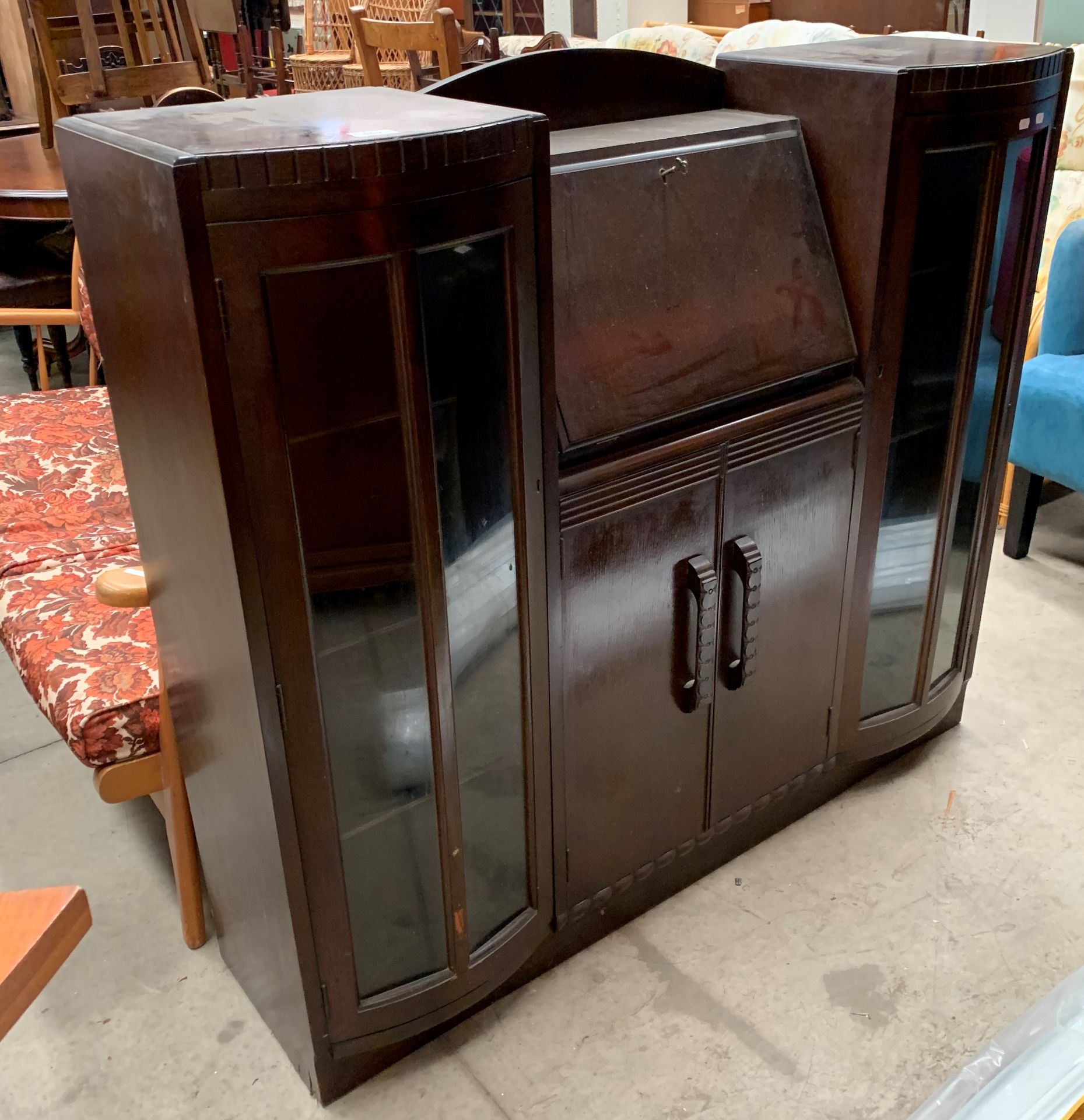 An oak bureau bookcase/display cabinet 123cm long